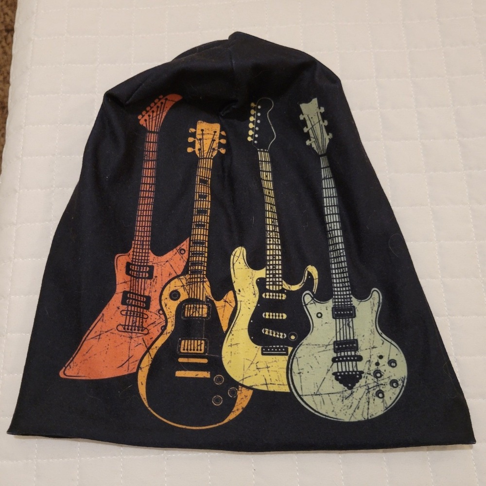 Mens Black Slouchy Beanie Hat Electric Guitar Graphic Rock Music Reversible Cool